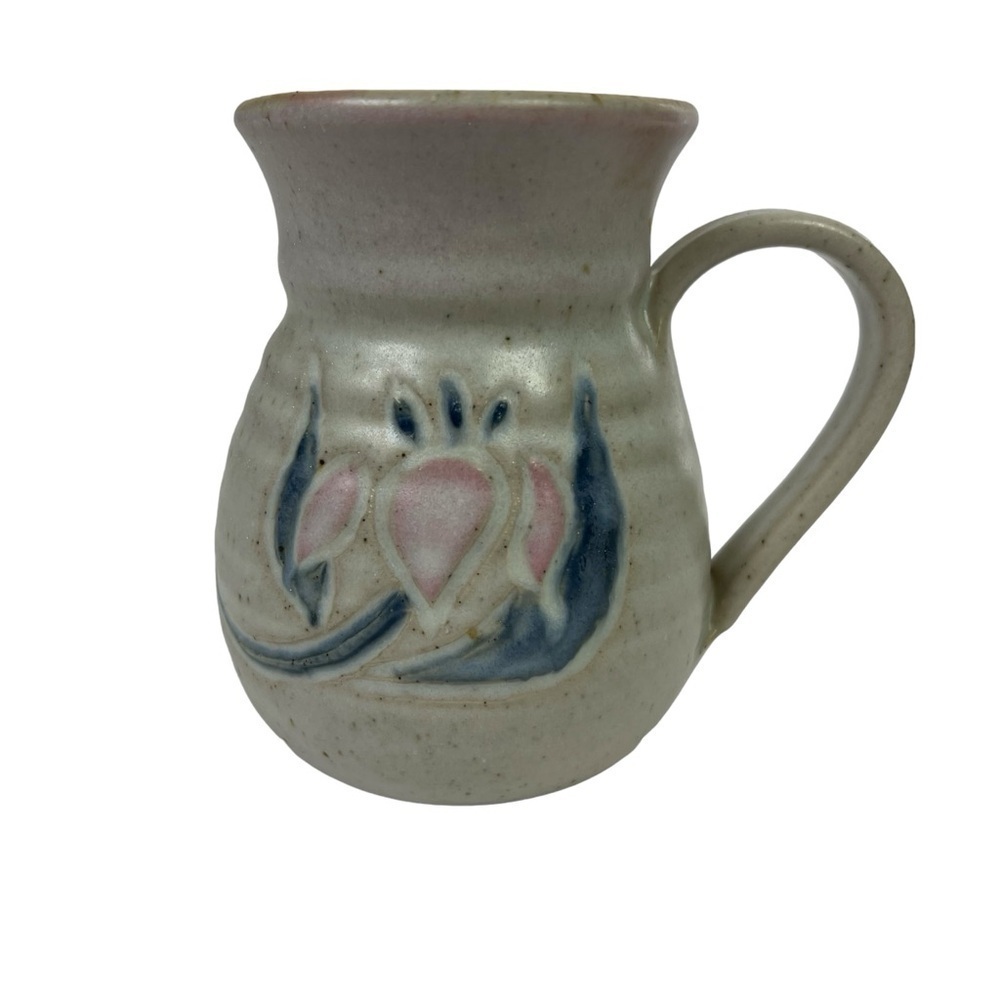 Signed Studio Art Pottery Ceramic Mug Multi Colors Handle 4.5” Tall 3” Across